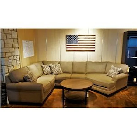 Casual Sectional Sofa with Cuddle and Exposed Wood Block Legs